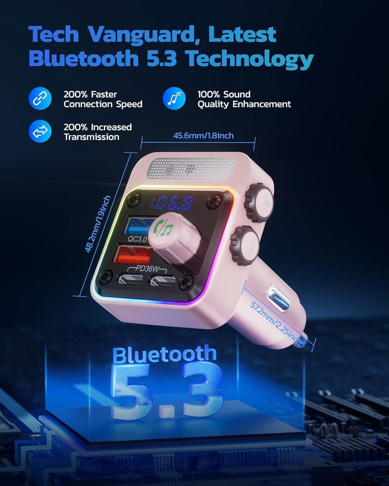 nulaxy 54W Bluetooth 5.3 Car Adapter with 4 Charging Ports [PD 36W & QC3.0 18W], Wireless Radio FM Transmitter with Deep Bass Player & 5 Colors LED Backlit, Hands-Free Calling - Pink - Image 3